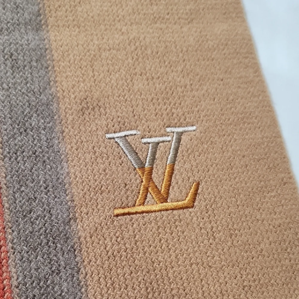 Louis Vuitton Tan, Rust, & Gray Striped Wool Scarf